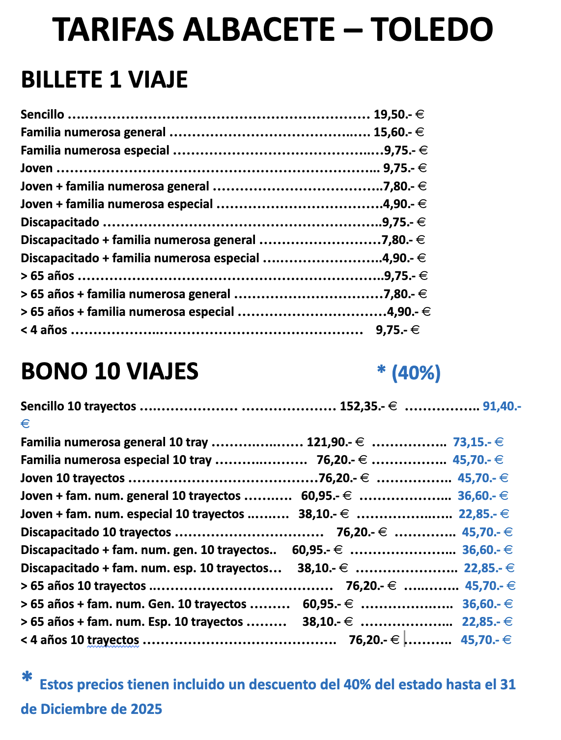 Tarifa bus Toledo Albacete